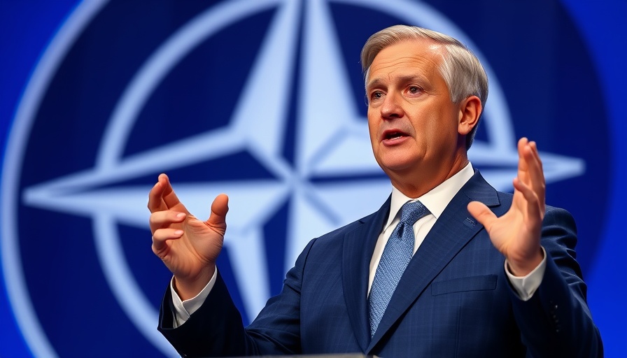 Man speaking at NATO summit, gesturing, blue suit, conference background.
