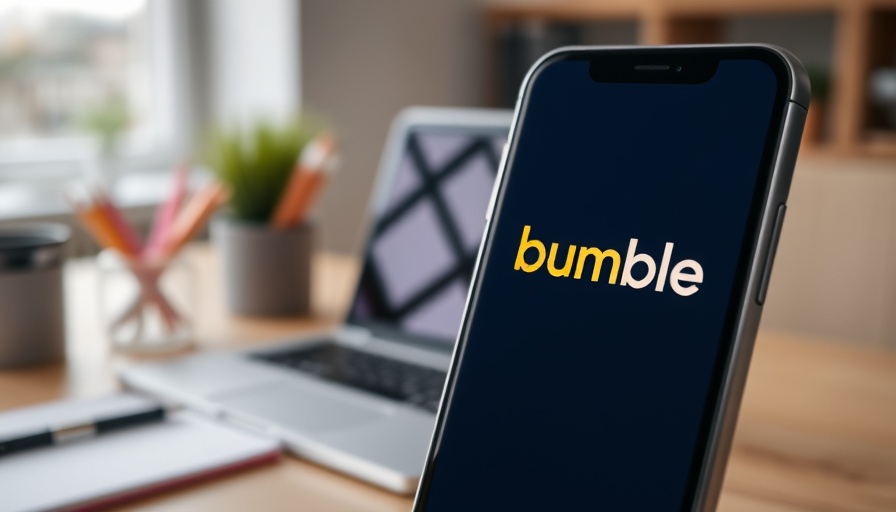 Smartphone displaying Bumble logo, office environment in background.