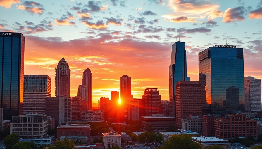 Austin local news features vibrant city skyline at sunset.