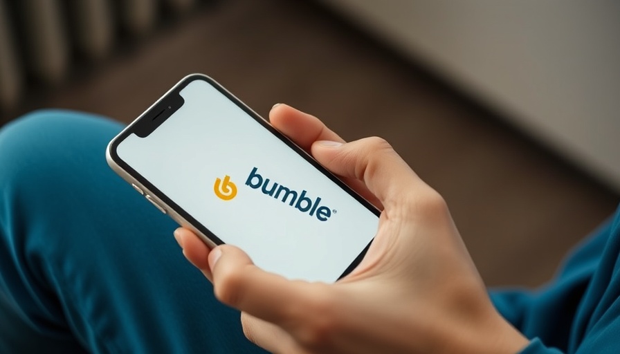 Close-up of hands holding a phone with Bumble logo, Bumble layoffs news.