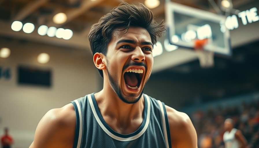 Young basketball player celebrating energetically on court.