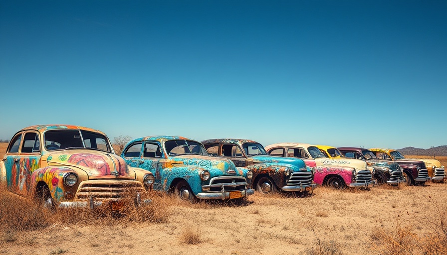 Texas summer road trip destination with graffiti-covered cars.