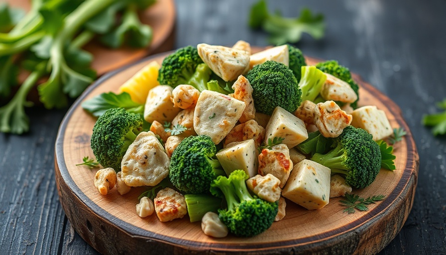 Broccoli Chicken Salad in a blue bowl with apples and parsley.