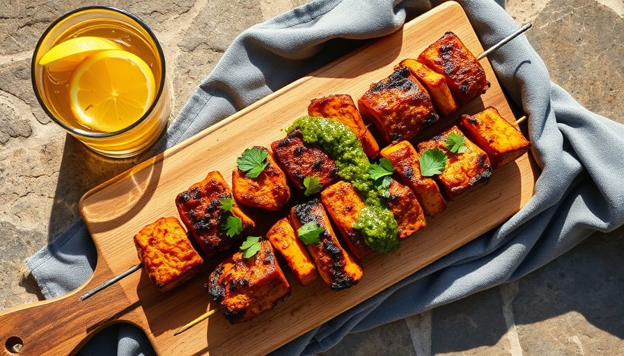 Brazilian-style tempeh churrasco with chimichurri and drink.