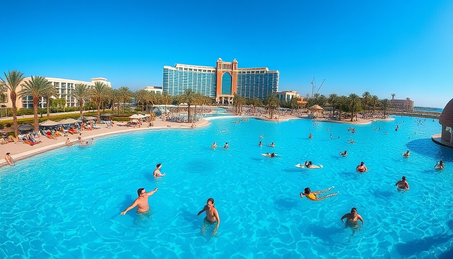 Resort-style lagoon with palm trees and urban buildings, Austin business opportunities.