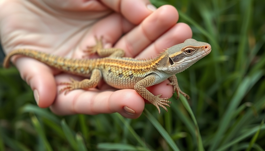Hand holding endangered lizard during relocation, detailed scales.