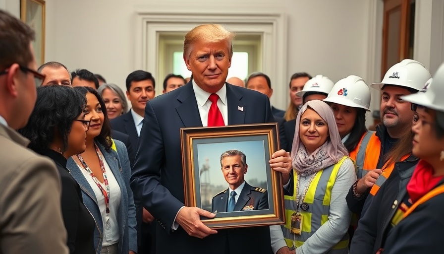 Border security news event with political figure and crowd holding a photo.