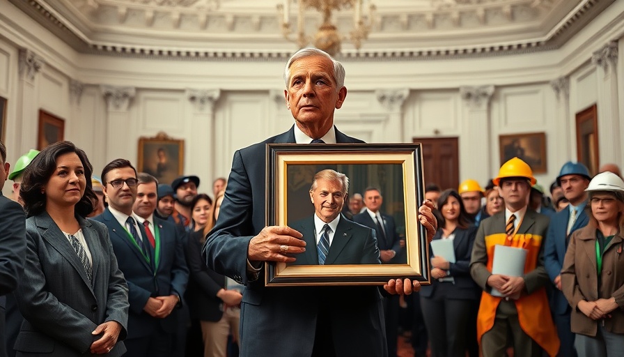 Politician holds photo in diverse gathering discussing Trump Open Borders Bill.