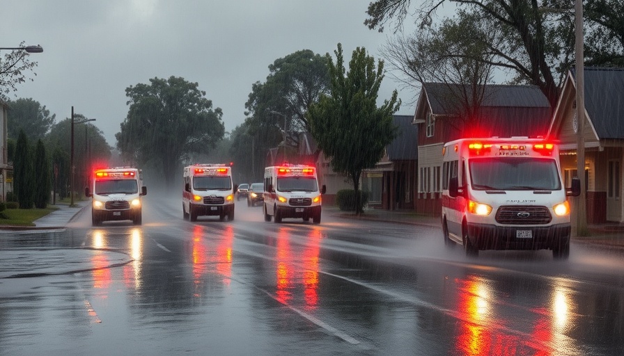 Flooded street after heavy rain in West Virginia, emergency response visible.