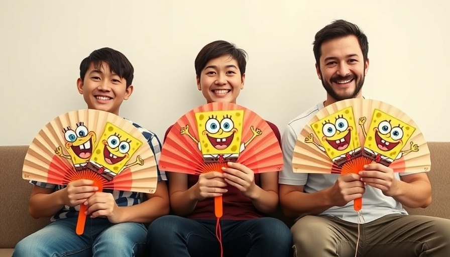 Three people holding SpongeBob fans promoting summer musical in Austin.