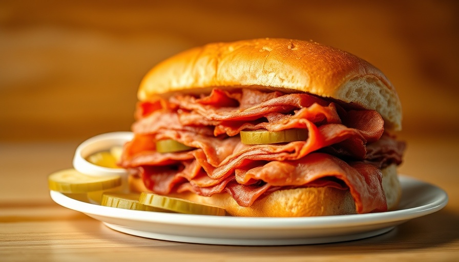 Fort Worth Delicatessen sandwich with corned beef, pickles, onions.
