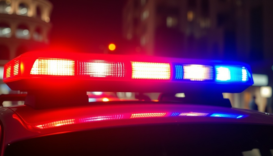 Emergency police lights flashing at night for Austin traffic news.