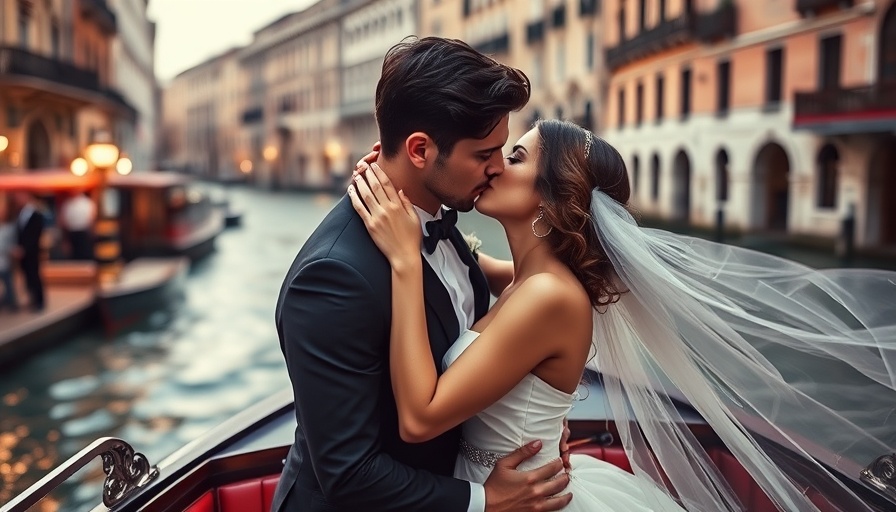 Elegant couple kissing romantically on a Venetian boat.