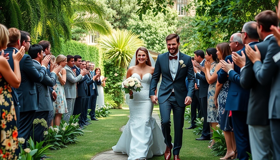 Elegant newlywed couple walking down aisle, joyous atmosphere, garden setting.