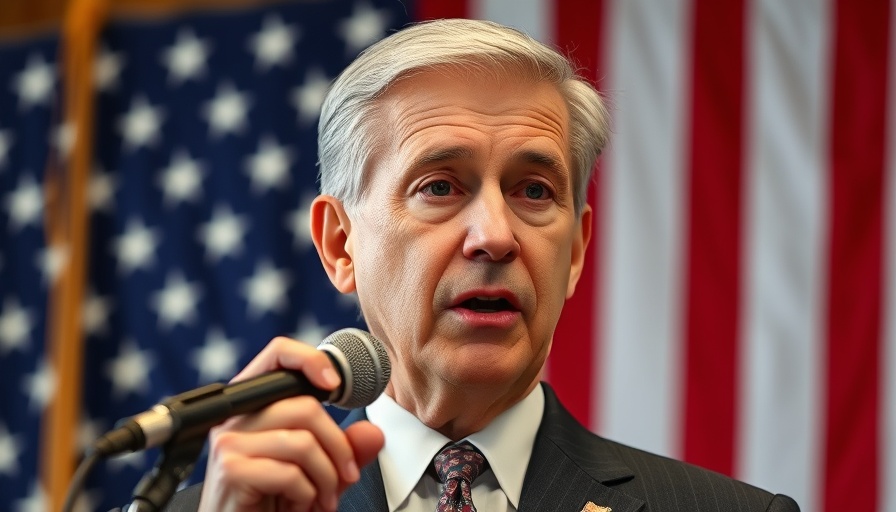 Middle-aged man in suit speaking with American flag in background.