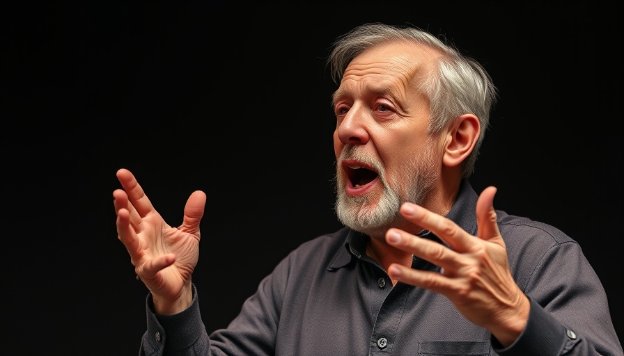 Expressive older man discussing passionately in dim light.