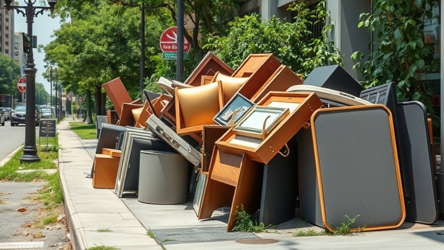 Heavy trash pickup of discarded furniture on urban sidewalk, highlighting community waste management.