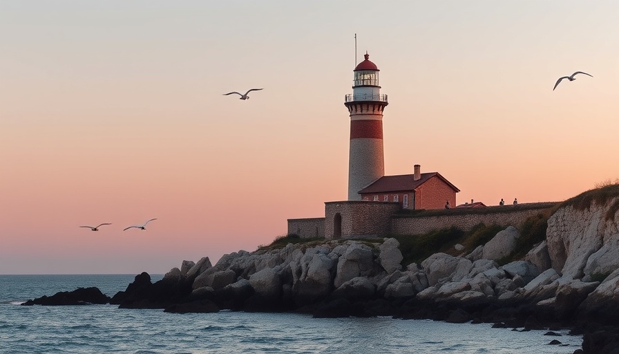 Historic lighthouse at Delaware Bay during dusk with flying birds.