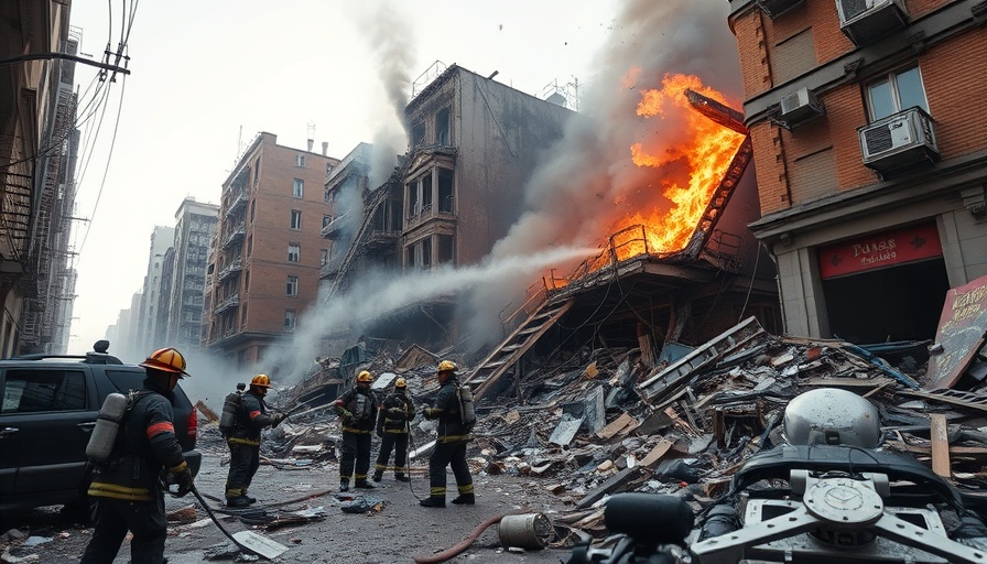 Firefighters at the scene of a Philadelphia building collapse explosion, debris visible.