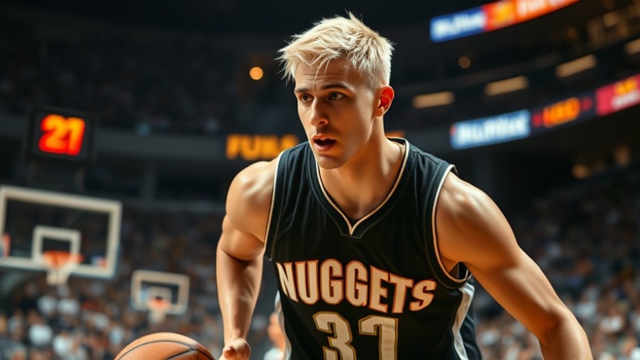 Dynamic NBA action with determined Jokić impacting scoring records in a vibrant arena.