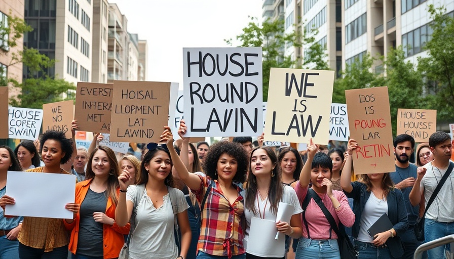 Texans protest against housing development law in urban setting.