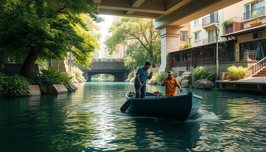 Urban river cleanup in San Antonio with maintenance boats.