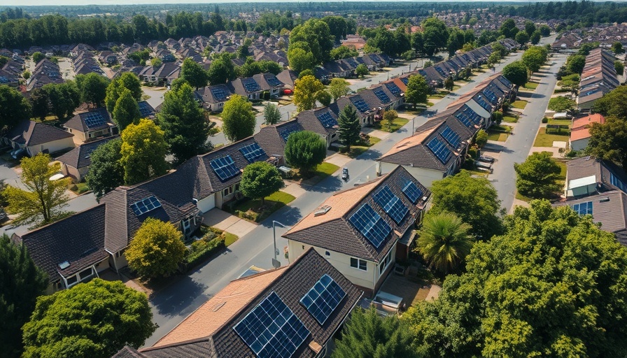 Aerial view of suburban homes with solar panels, Austinites need a big raise to afford home.