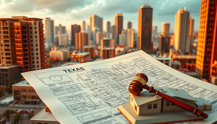 Texas housing development law concept with legal documents and cityscape.