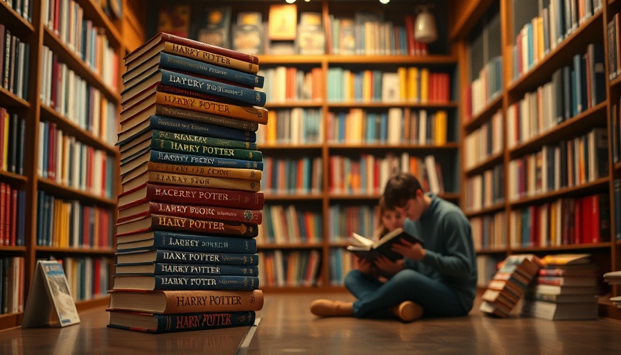 Harry Potter books in a bookstore with readers, highlighting controversy.