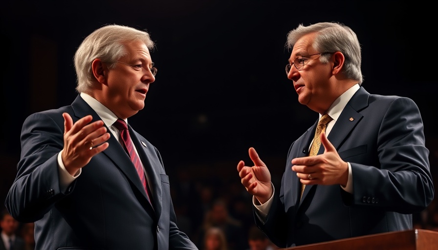 Politicians debating on stage under spotlights for national news.