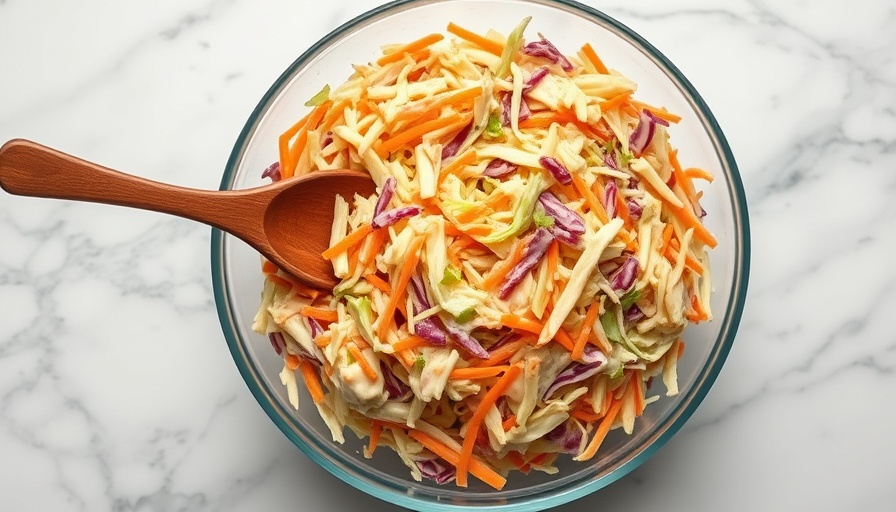 Classic coleslaw in a glass bowl with wooden spoons on marble.