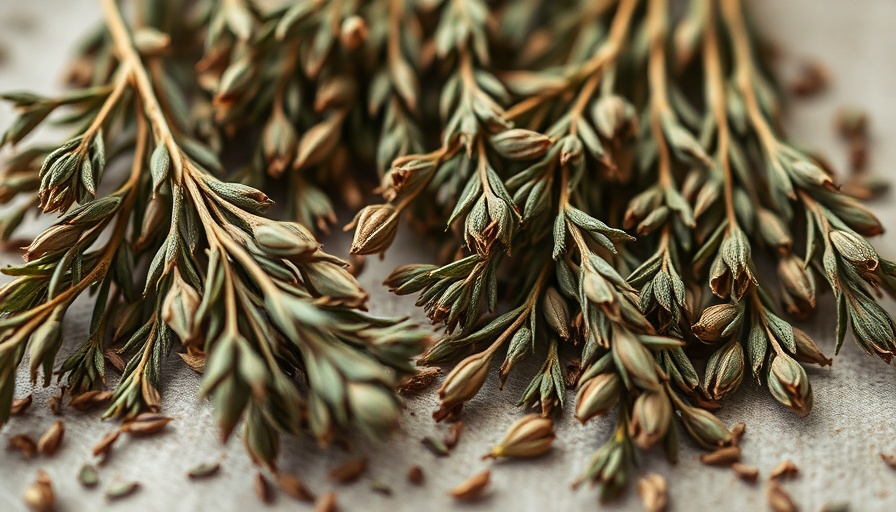 Close-up of dried herb sprigs on a sheet for ancient medicines.