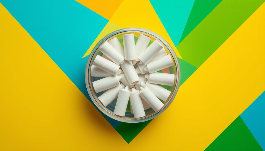 Circular container of nicotine pouches on colorful geometric background highlighting risks of oral nicotine pouches.