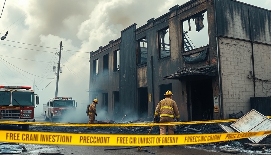 Houston fire scene with investigators at charred building.