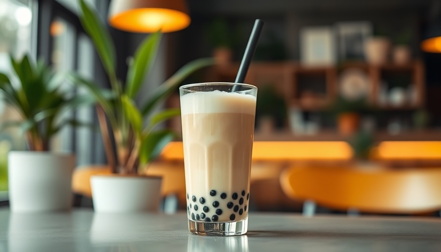 Aesthetic boba milk tea in cozy Frisco cafe.