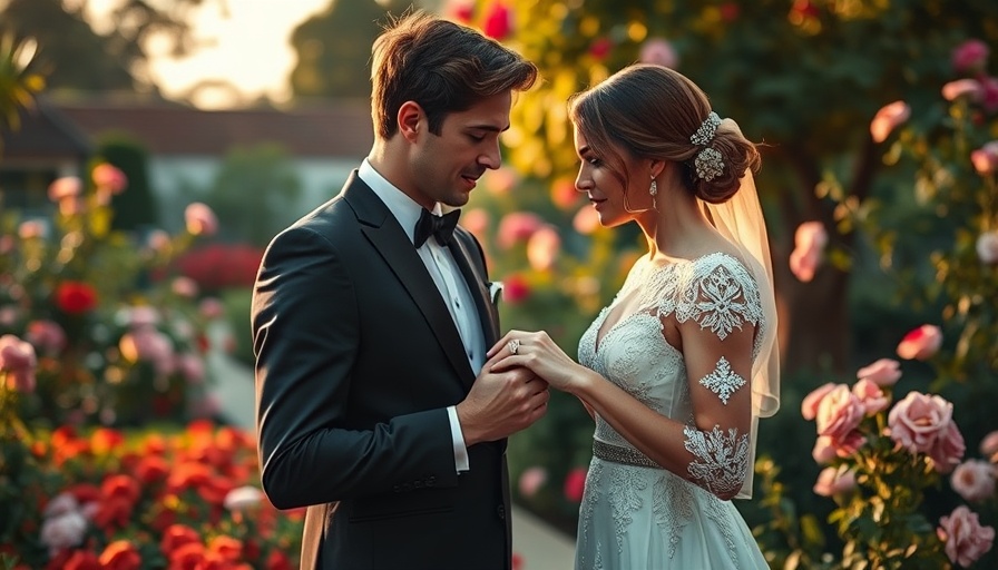 Elegant couple exchanging rings in a garden during golden hour.
