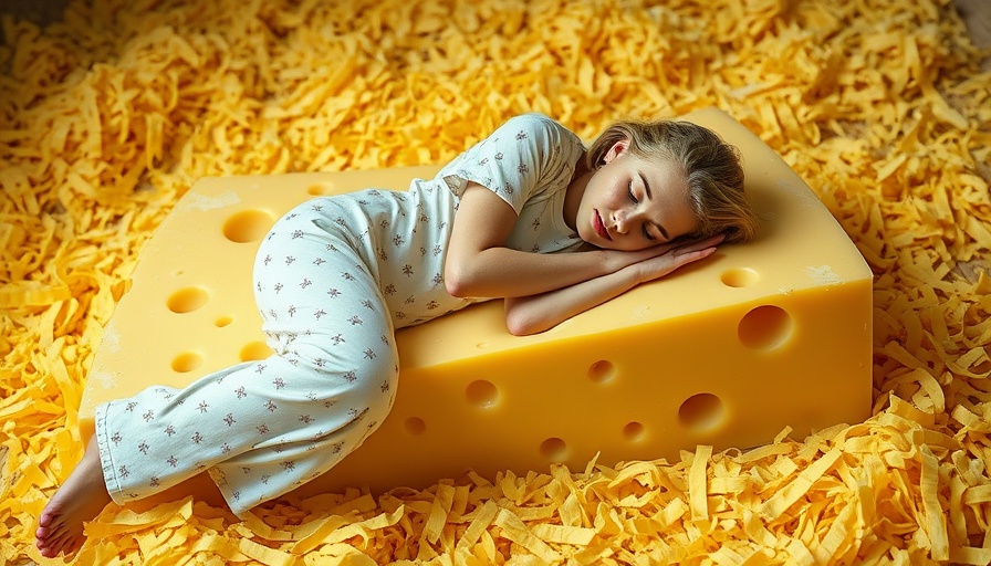 Surreal depiction of cheese nightmares with a woman sleeping on cheese.