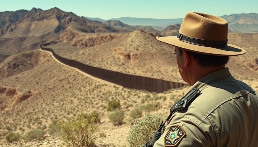 Border patrol officer surveilling border wall on a hilly terrain.