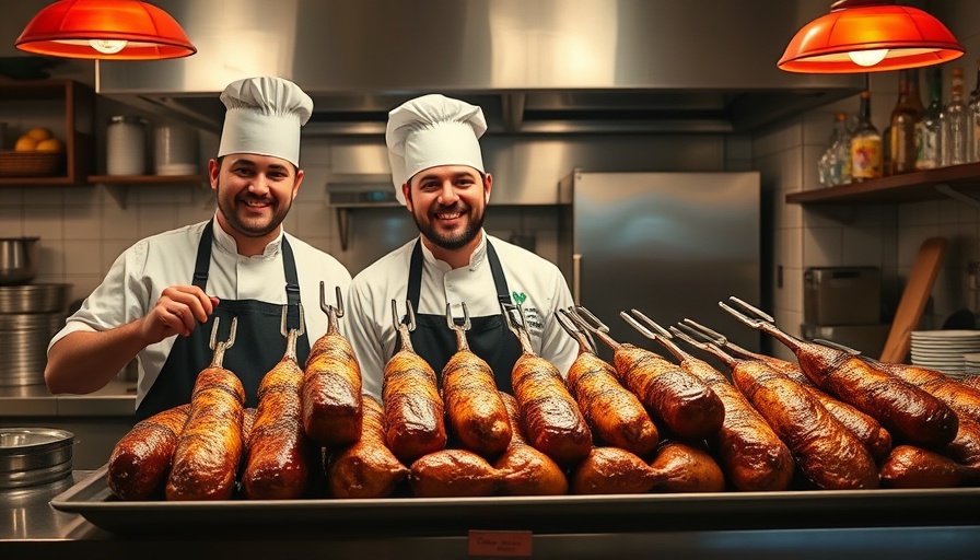 Chefs at Tacos El Metro Dallas presenting roasted meat in kitchen.