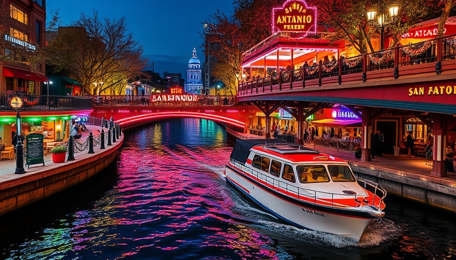 Festive San Antonio Riverwalk during 3-Day Weekend Vacation, vibrant lights reflect on water.