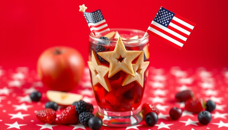Stars & Stripes Sangria Batch Cocktails in a festive glass with fruit garnishes.