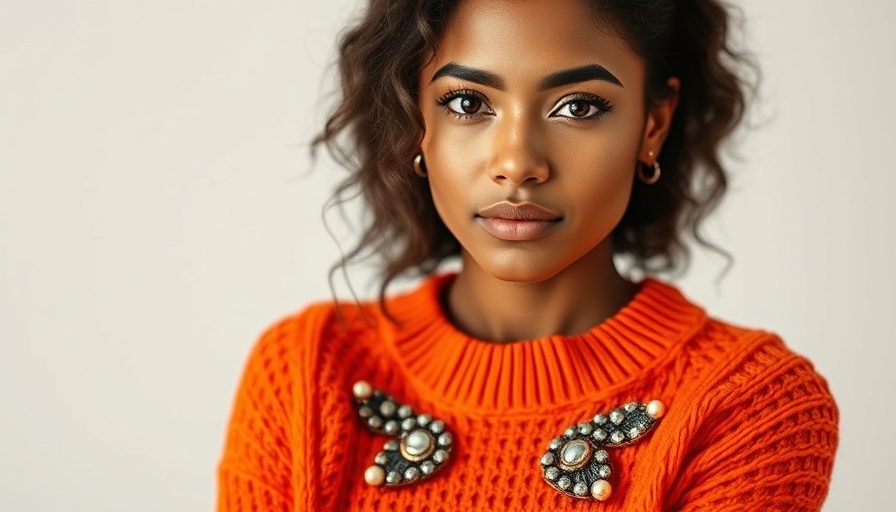 Confident woman in sustainable fashion with orange sweater.