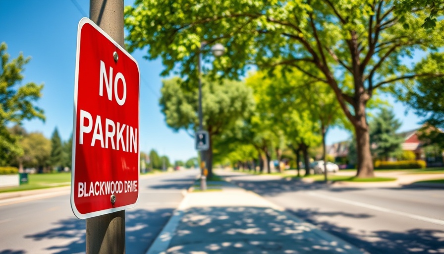 No-parking zone sign on Blackwood Drive with trees and clear sky.