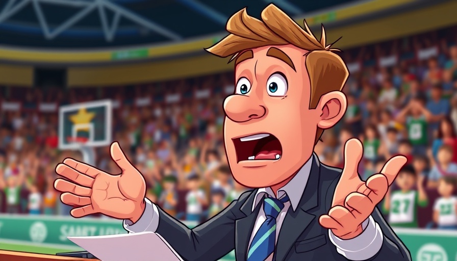 Animated sports commentator in lively sports scene.