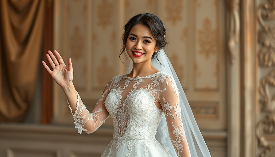 Elegant woman in designer wedding dress confidently waving