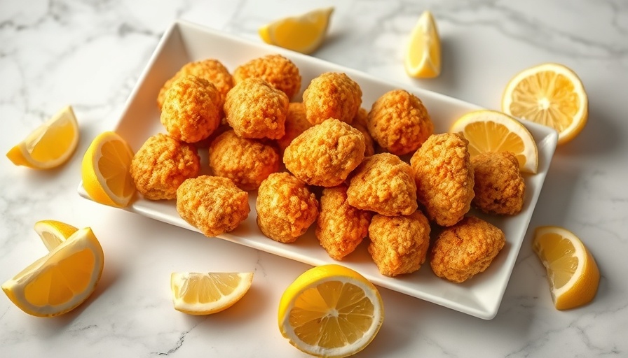Golden hushpuppies recipe with lemon wedges on a plate