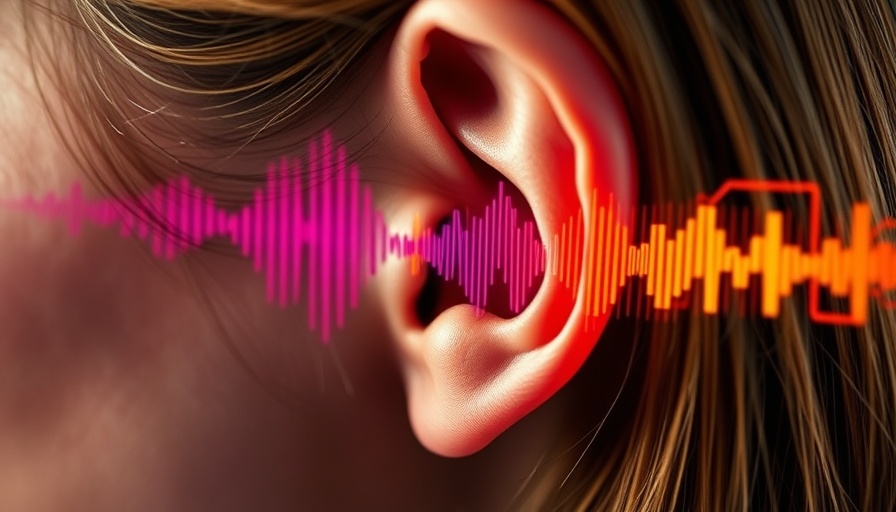 Close-up of an ear with sound waves illustrating gene therapy for hearing restoration.
