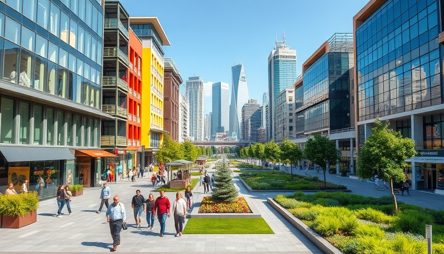 Frisco commercial development with open space, vibrant modern architecture.