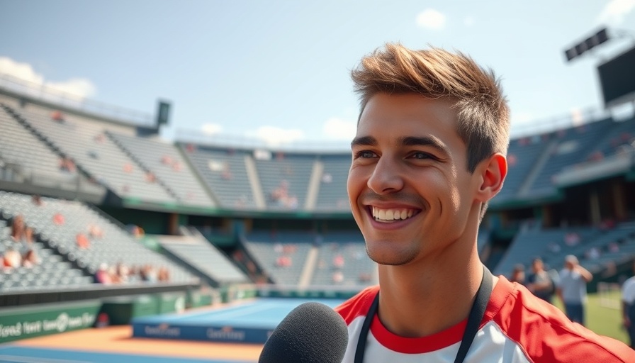 Young athlete interviewed at tennis stadium, quick matches in sports.