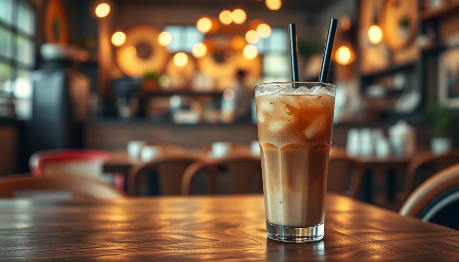 Iced coffee cups in Dallas cafe, cozy ambient lighting.